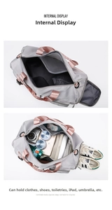 Detail of grey travel bag interior compartments and shoe storage space for organization