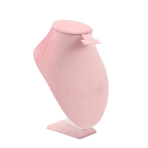 Detail of pink velvet necklace bust display stand with square base for jewelry showing