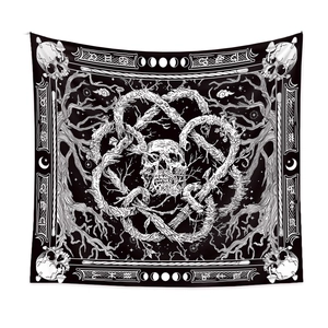 Bohemian black and white gothic skull tapestry with mystical moon phase patterns