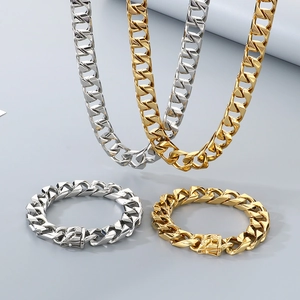 Close-up of titanium steel Cuban link chain set with secure box clasp in gold and silver