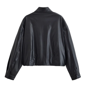 Minimalist black faux leather jacket with stand collar shown from back view on white backdrop