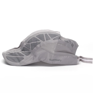 Detail of grey quick-dry sports cap with breathable mesh side vents and adjustable drawstring