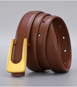 Detail of dark brown leather belt with gold metal buckle and contrast stitching