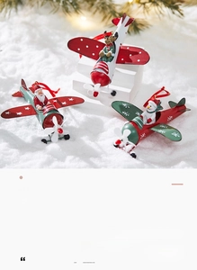 Three-piece metal Christmas airplane ornaments with Santa, Reindeer and Snowman on snow