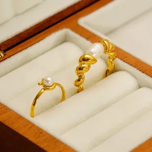 Freshwater Pearl Ring 18K Gold Plated Stainless Steel Adjustable Cross Twisted Rope Minimalist Elegant Jewelry Women