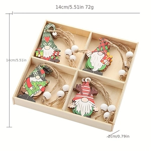 Set of 12 painted wooden Christmas gnome pendants in a decorative wooden display box