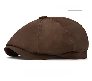 Detailed view of coffee brown newsboy cap with premium suede texture and six-panel stitch