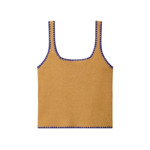 Knitted mustard yellow camisole top with blue wavy crochet trim and embroidery detailing
