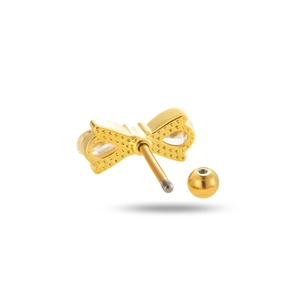 Detailed view of a gold bow cartilage stud with sparkling zircon and threaded screw ball back