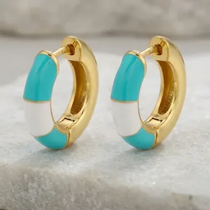 Gold-plated brass C-shaped hoop earrings with turquoise and white enamel inlay