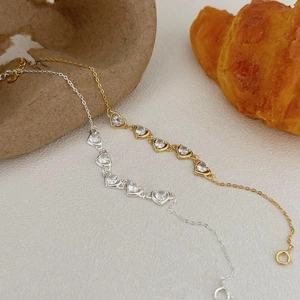 Minimalist S925 sterling silver heart bracelet with sparkling zircon in gold and silver