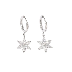 Elegant silver sunflower drop earrings featuring sparkling zircon petals on white background