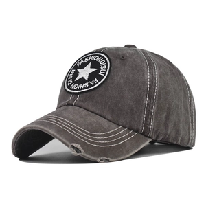 Washed dark gray denim baseball cap with five-point star embroidery and distressed brim