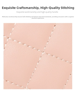 Detail of pink camera bag showing premium lychee texture and quilted diamond stitching