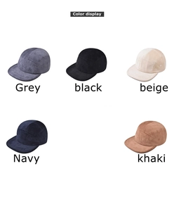 Color display of corduroy baseball caps in grey, black, beige, navy, and khaki