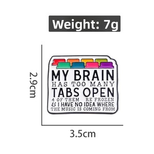 Detailed view of enamel browser tab brooch with dimensions 3.5cm x 2.9cm and 7g weight