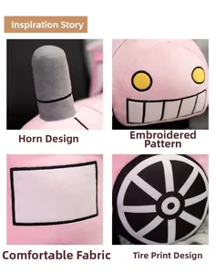 Detail of pink plush train toy showing embroidery, soft fabric and printed tires