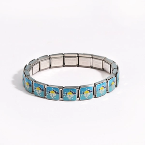 Italian charm bracelet in stainless steel with blue oil-dripping scenic patterns