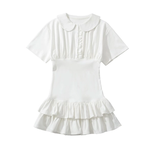 White short sleeve summer dress with Peter Pan collar and ruffled hem details