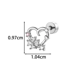 Silver flower heart stud earrings with cubic zirconia and dimension details 0.97x1.04cm