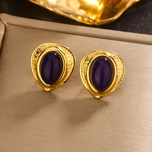 Boucles d'oreilles vintage dorées 18K avec résine violette de style rétro chic pour femme