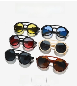 Matrix display of steampunk round sunglasses in six various lens colors and frames