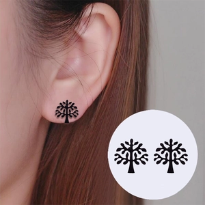 Minimalist black tree of life stud earrings featuring a hollowed-out branch design for women