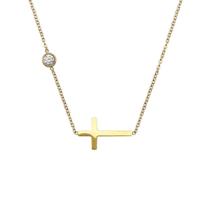 Gold titanium steel anklet with horizontal cross and single diamond on a fine chain