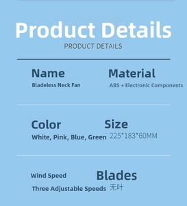 Technical specifications for bladeless neck fan showing dimensions and adjustable wind speeds