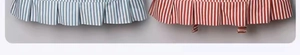 Detail showing the pleated hem of striped waterproof aprons in blue and red patterns