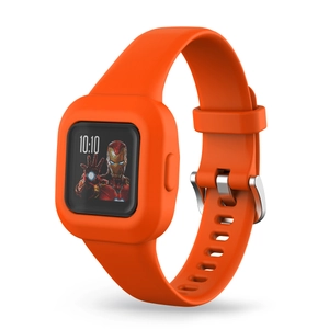 Detailansicht des orangefarbenen Silikonarmbands für Garmin Vivofit Jr.3 mit Ironman
