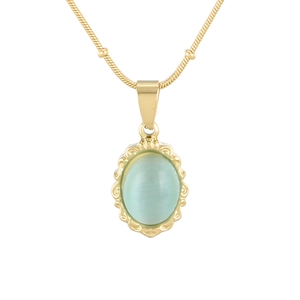 French vintage stainless steel gold necklace with cat eye stone and lace pattern edge