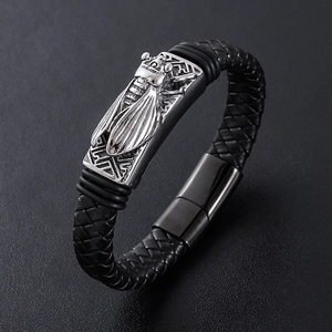 Men's black braided leather bracelet with silver cicada insect charm and magnetic clasp