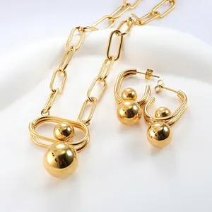 Golden stainless steel jewelry set featuring a dual-ball pendant necklace and matching earrings