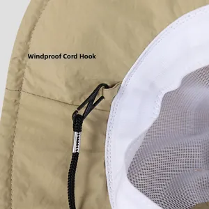 Detail of windproof strap attachment and breathable mesh lining on the hiking hat