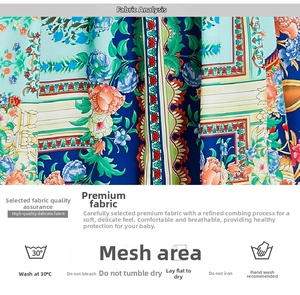 Vue détaillée du tissu floral avec symboles d'entretien pour robe ethnique rétro chic