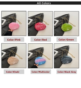 Collage of shell-shaped acrylic evening bags in six colors with gold chain straps
