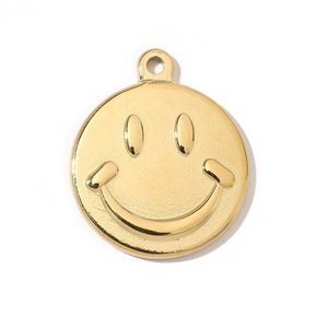 Polished golden stainless steel round smiley face pendant with embossed charm detail