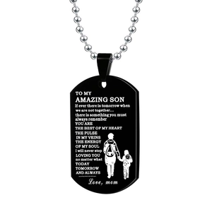 Black stainless steel dog tag necklace with engraved mother and child silhouette