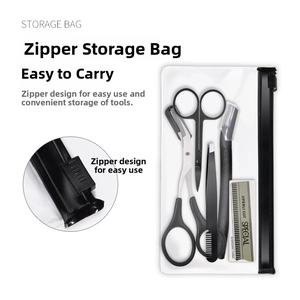 Compact zippered storage pouch showing portable stainless steel eyebrow grooming set