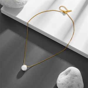 Minimalist titanium steel gold necklace with white round pearl pendant and lobster clasp