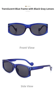 Front and side views of translucent blue square sunglasses with dark grey lenses