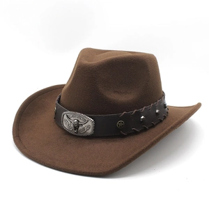 Retro brown felt cowboy hat with bull head emblem and wide brim for men and women