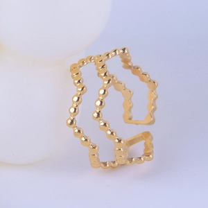 Minimalist golden titanium steel open ring with double-layered geometric bead design
