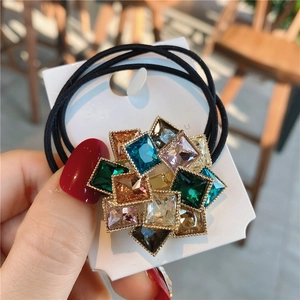 Elegant high-elastic hair tie with colorful square-cut crystals and gold metal base