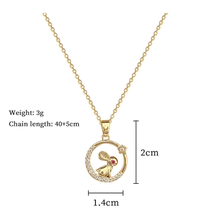 Detail view of rabbit necklace showing dimensions 2x1.4cm and weight 3g on white background