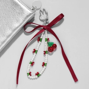 Star rabbit wine red ribbon cherry bag charm and keychain with pearls and rabbit ear clip