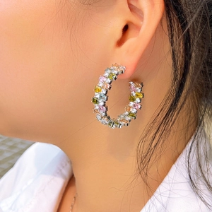 Colorful S925 silver C-hoop earrings with square multicolor crystals on model