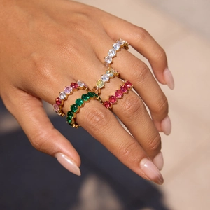Rainbow eternity band set of five colorful cubic zirconia rings in gold plating