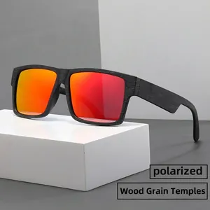 Polarized sunglasses with red-orange mirrored lenses and black wood-grain textured temples